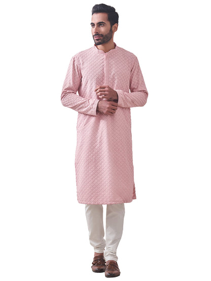Manyavar Pink Blended Cotton Full Sleeve Kurta Set | Traditional Kurta Set For Men (XL)