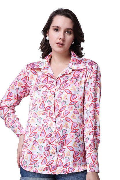 POPWINGS Printed Full-Sleeves Regular-Fit Satin Printed Shirt for Women Stylish Western Casual Wear Peach