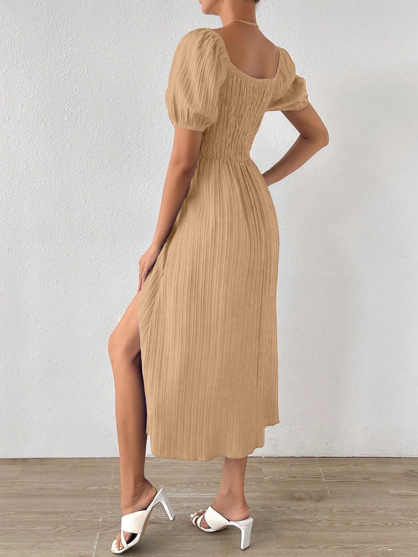 Shasmi Womens & Girls Beige Tie Front Split Thigh Milkmaid Maxi Dress  Square Neck Puff Sleeve A-Line Long Dress, Elegant Casu