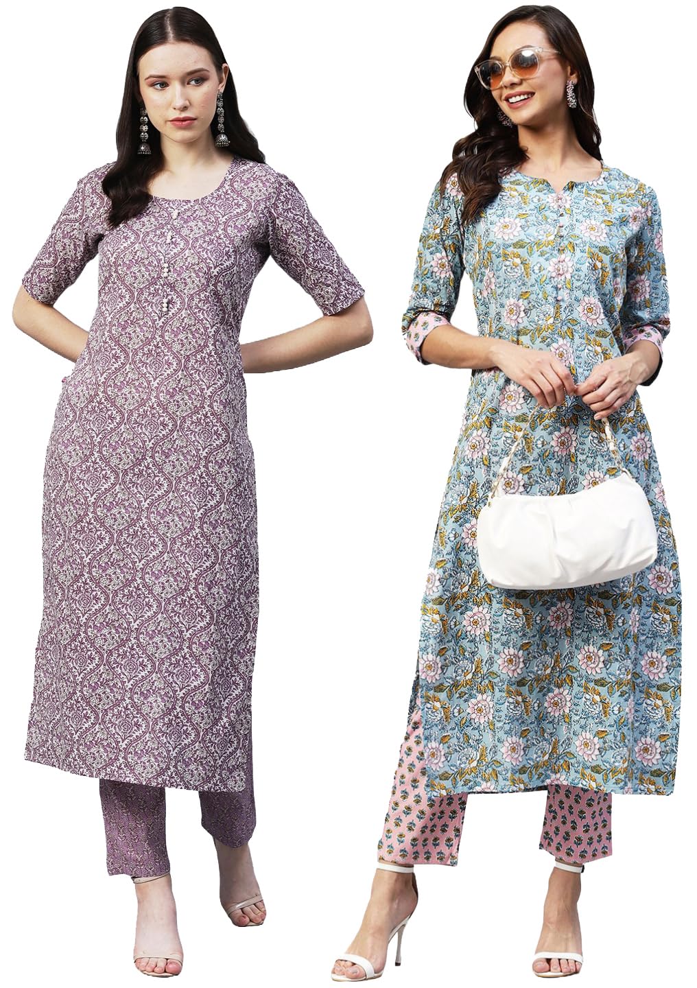 ANNI DESIGNER Womens Cotton Blend Printed Straight Kurta with Pant Pack of 2 (CMB-BATAKLI-Purple-Nampati Blue_XXL_Multi_XX-Larg