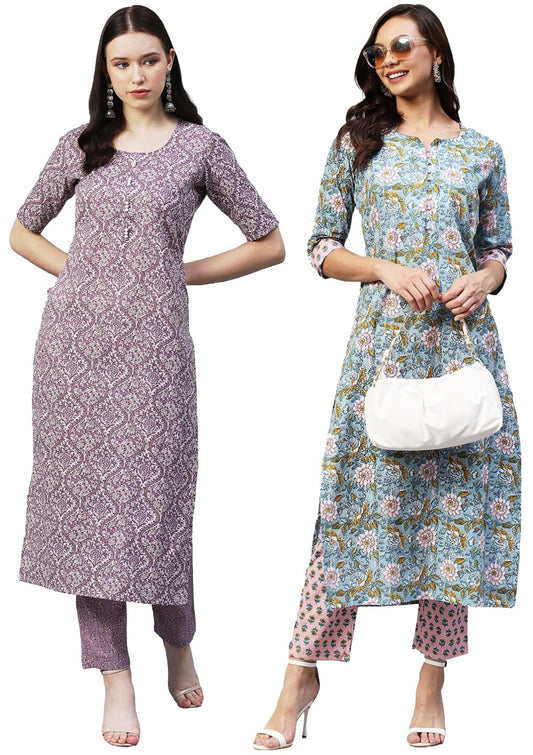 ANNI DESIGNER Womens Cotton Blend Printed Straight Kurta with Pant Pack of 2 (CMB-BATAKLI-Purple-Nampati Blue_XXL_Multi_XX-Larg