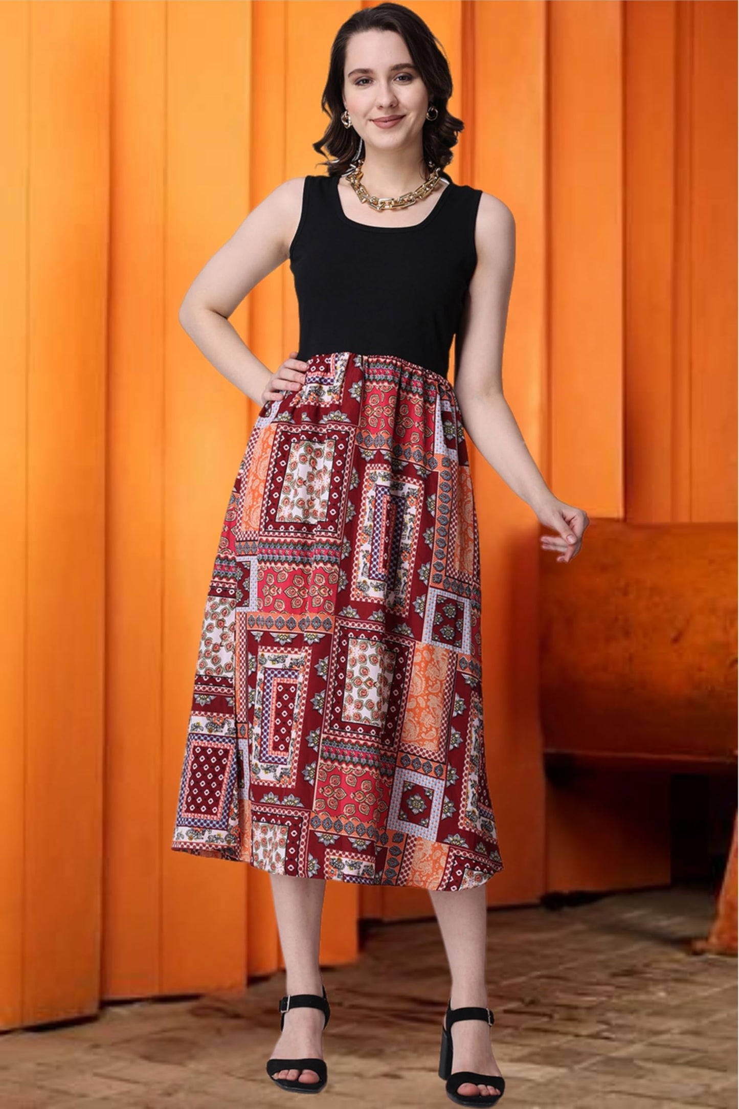 Popwings Casual Boho Printed And Solid Peplum Dress For Women || Summer Dresses For Women || Sleeveless Women Dresses || Round-N