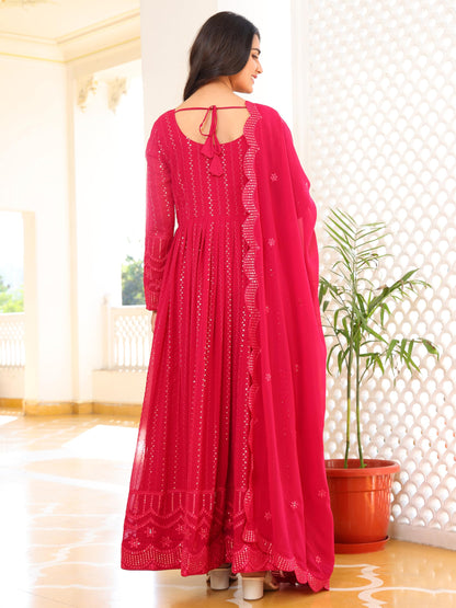 Fashion Basket Georgette Embroidered Anarkali Kurta Set For Women Pink