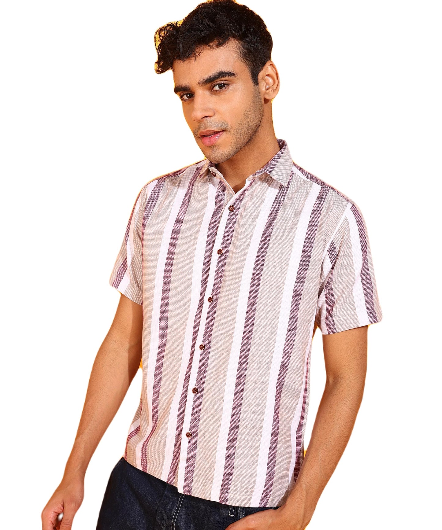 Mildin MenS Cotton Blend Striped Printed Shirt With Spread Collared Neck Half Sleeve Button Closure Regular Fit Straight Standa
