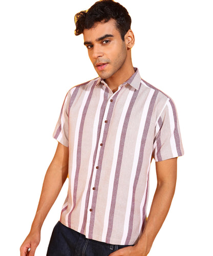 Mildin MenS Cotton Blend Striped Printed Shirt With Spread Collared Neck Half Sleeve Button Closure Regular Fit Straight Standa