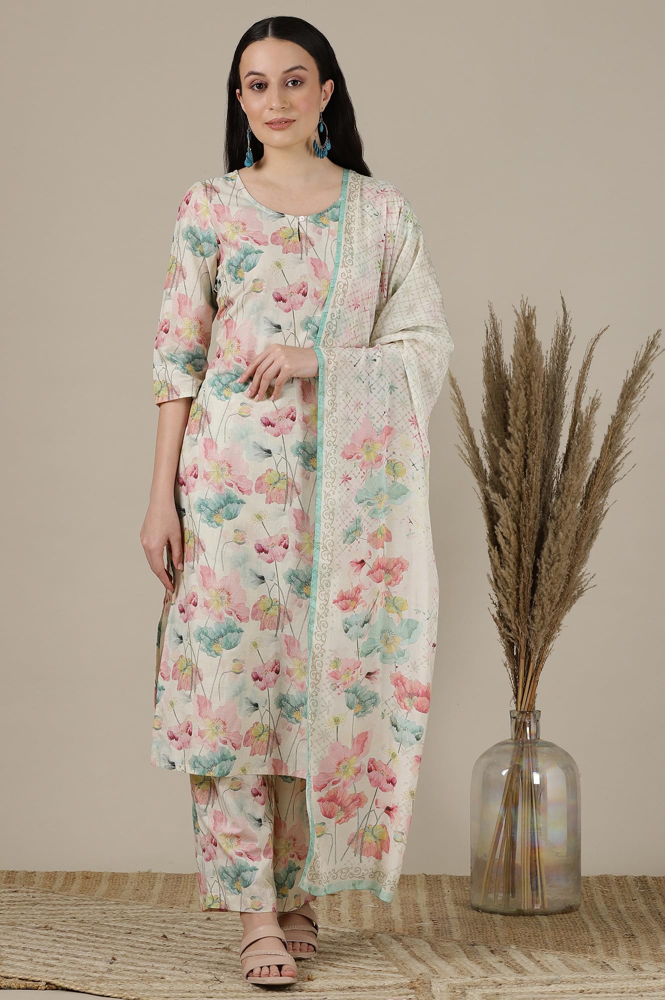 Aurelia WomenS Floral Printed Straight Cotton Kurta Set With Palazzos And Dupatta For Women
