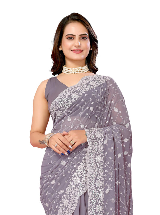 Vairagee Women Soft Georgette Emroidery Saree With Sequence Work Unstitched Blouse (6246)