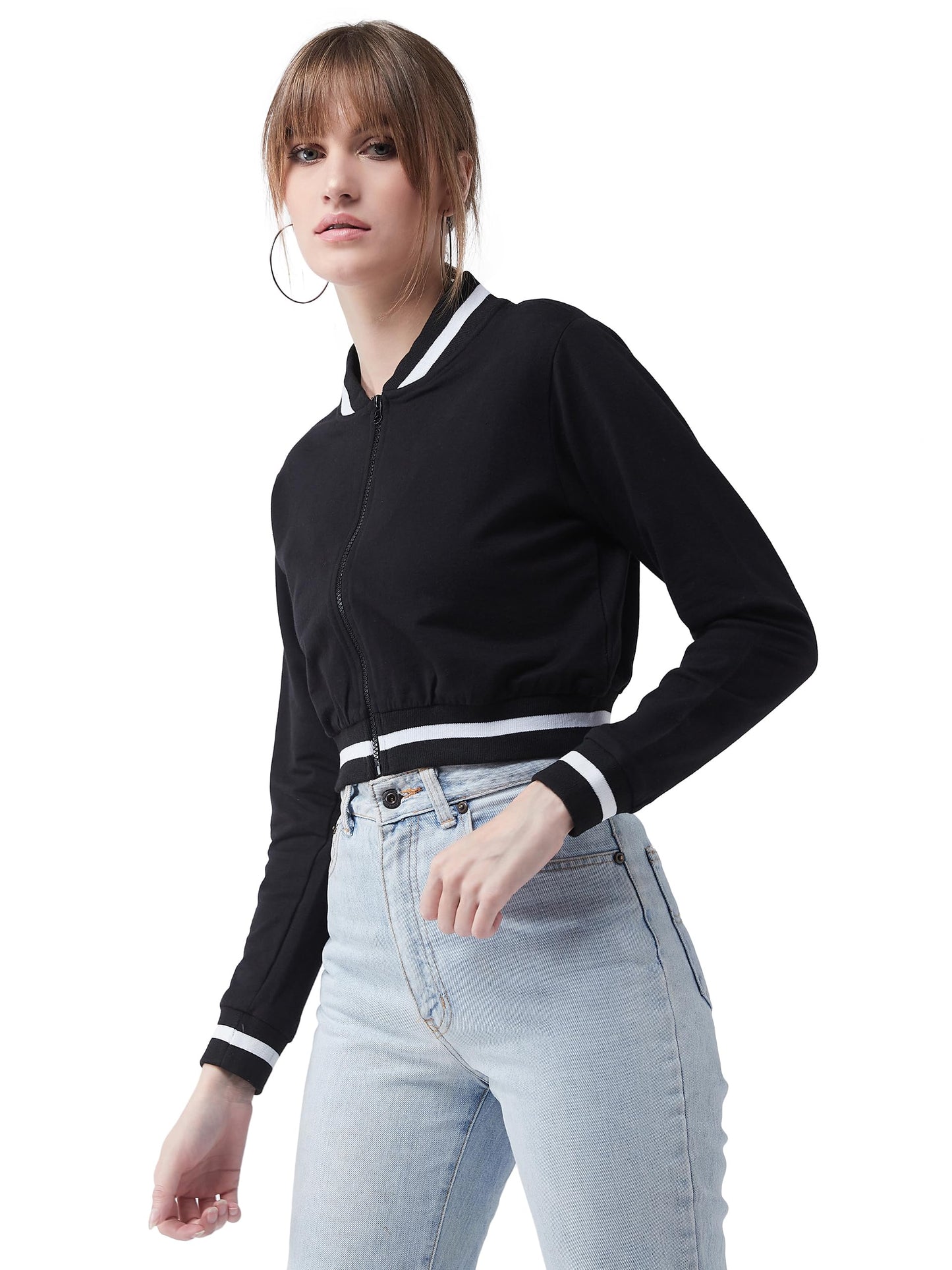 Miss Chase Womens Full Sleeves Cropped Jacket (MCAW24JKT99-44-62-06, Black, XL)