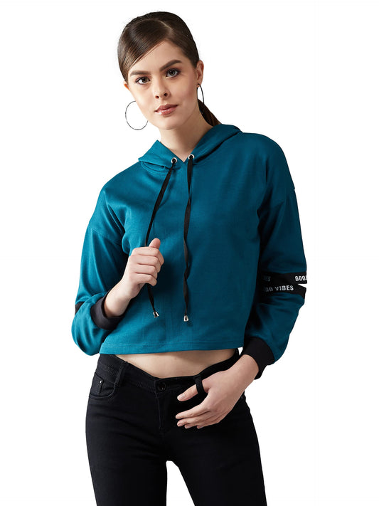Dolce Crudo Womens Turquoise Blue Hooded Full Sleeves Solid Boxy Drawstring Cropped Sweatshirt (DOAW19SWT01-88-33-02, Turquoise