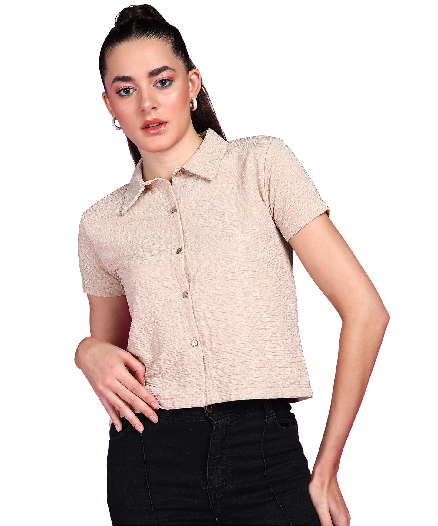 POPWINGS Women Casual Beige Rimjhim Solid Shirt