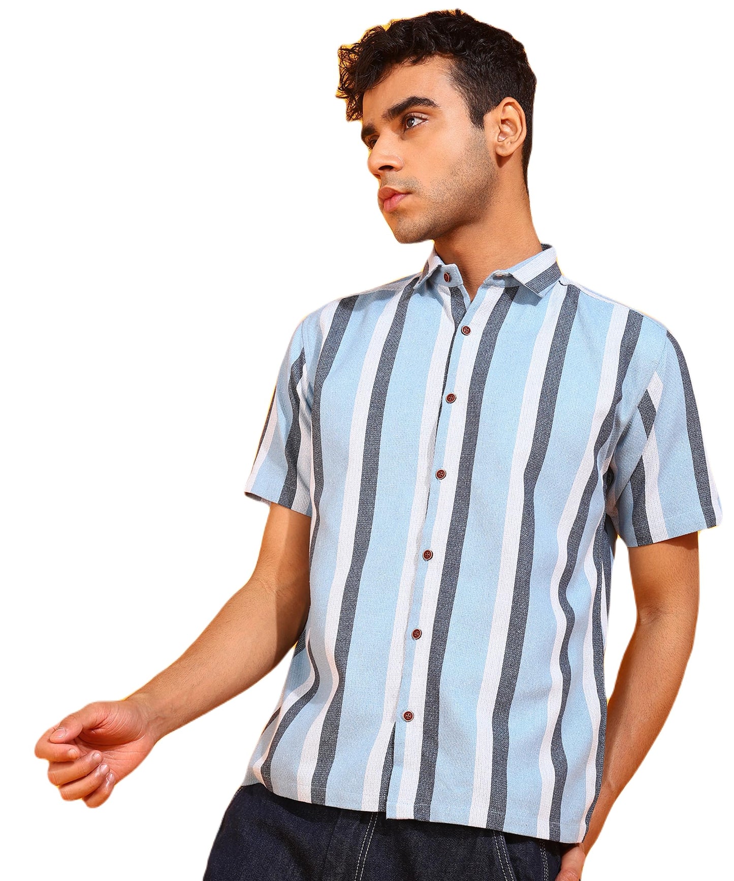 Mildin MenS Cotton Blend Striped Printed Shirt With Spread Collared Neck Half Sleeve Button Closure Regular Fit Straight Standa