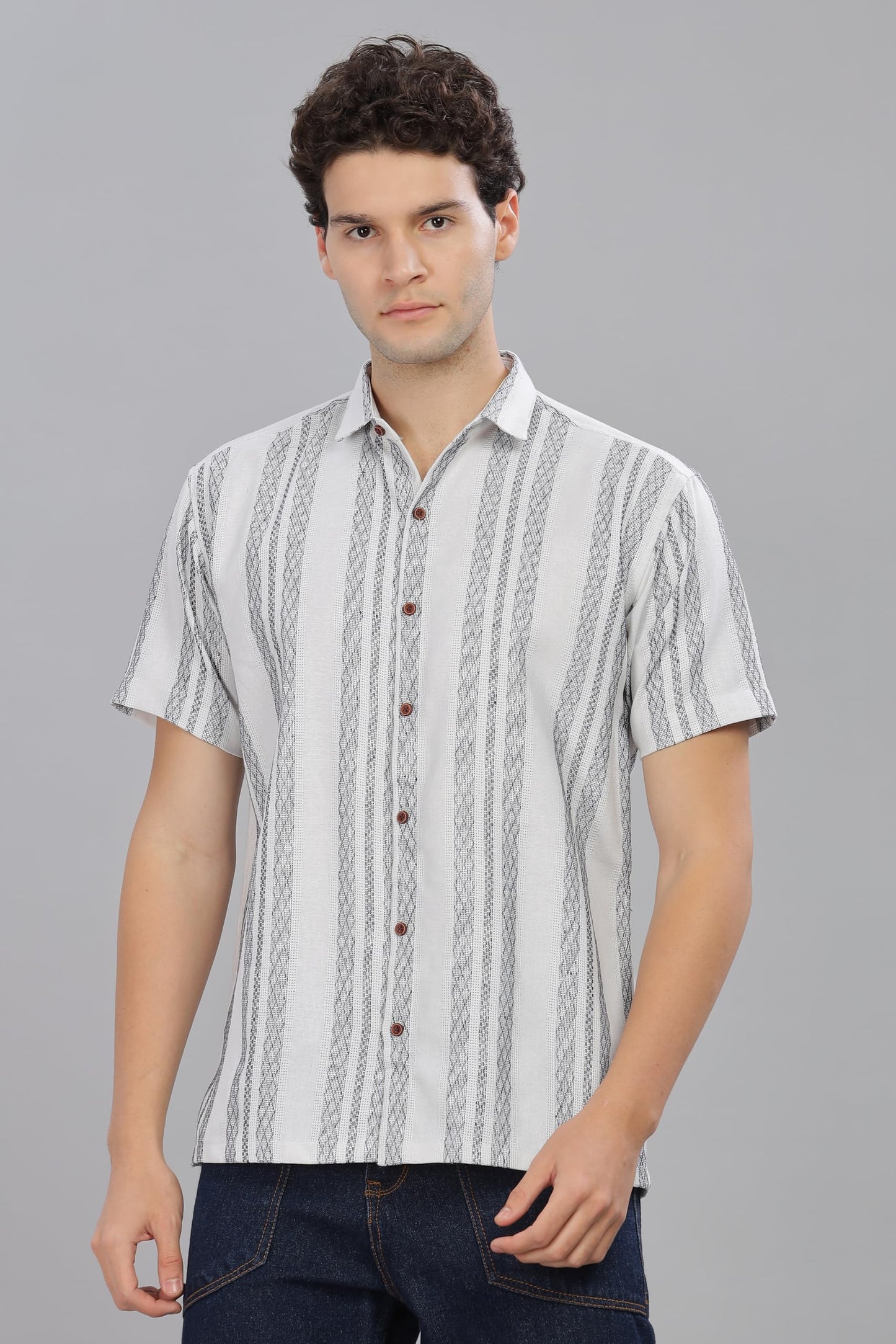 Mildin MenS Cotton Blend Striped Printed Shirt With Spread Collared Neck Half Sleeve Button Closure Regular Fit Straight Standa