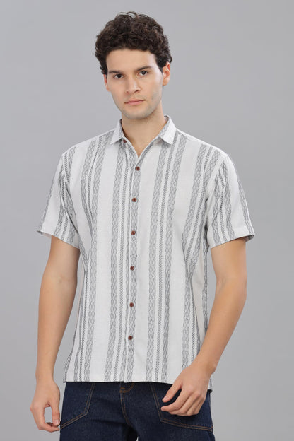 Mildin MenS Cotton Blend Striped Printed Shirt With Spread Collared Neck Half Sleeve Button Closure Regular Fit Straight Standa