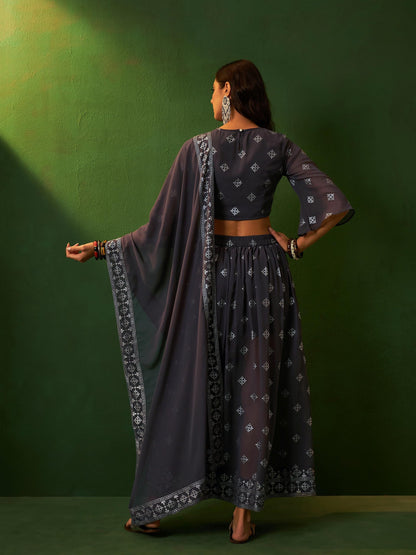 ZIYAA Women Grey Georgette Flare Kurta Skirt And Dupatta Set