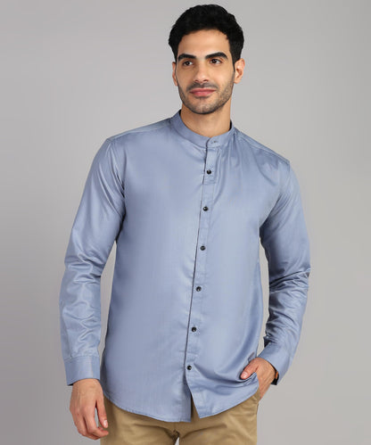 Mildin MenS Regular Cotton Blend Bluish Grey Slim Fit Solid Button Down Mandarin Chinese Collar Full Sleeve Curved Hemline Casu