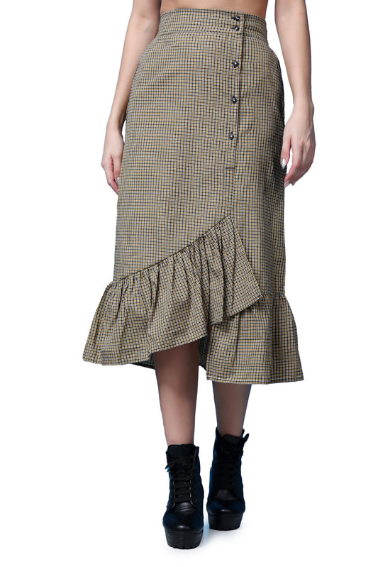 POPWINGS Casual Check Print Long Flare Skirt for Women | Cotton Skirt for Women Skirt for Women Yellow