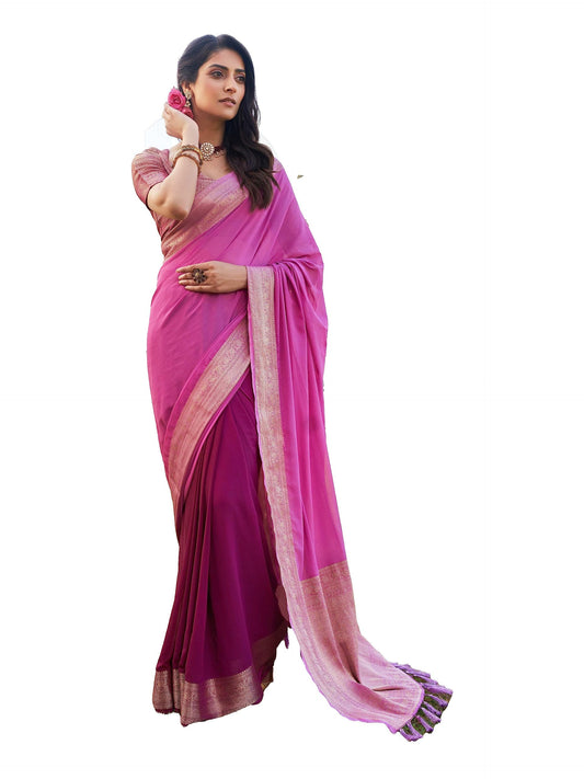 Vardha Womens Banarasi Georgette Half and Half Saree with Unstitched Blouse Piece - Gold Zari Woven Work Sarees for Wedding (ish