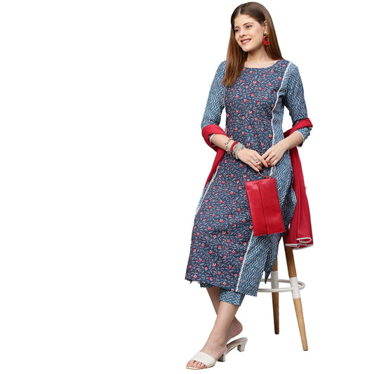ANNI DESIGNER Women's Cotton Blend Regular Kurti with Pant & Dupatta
