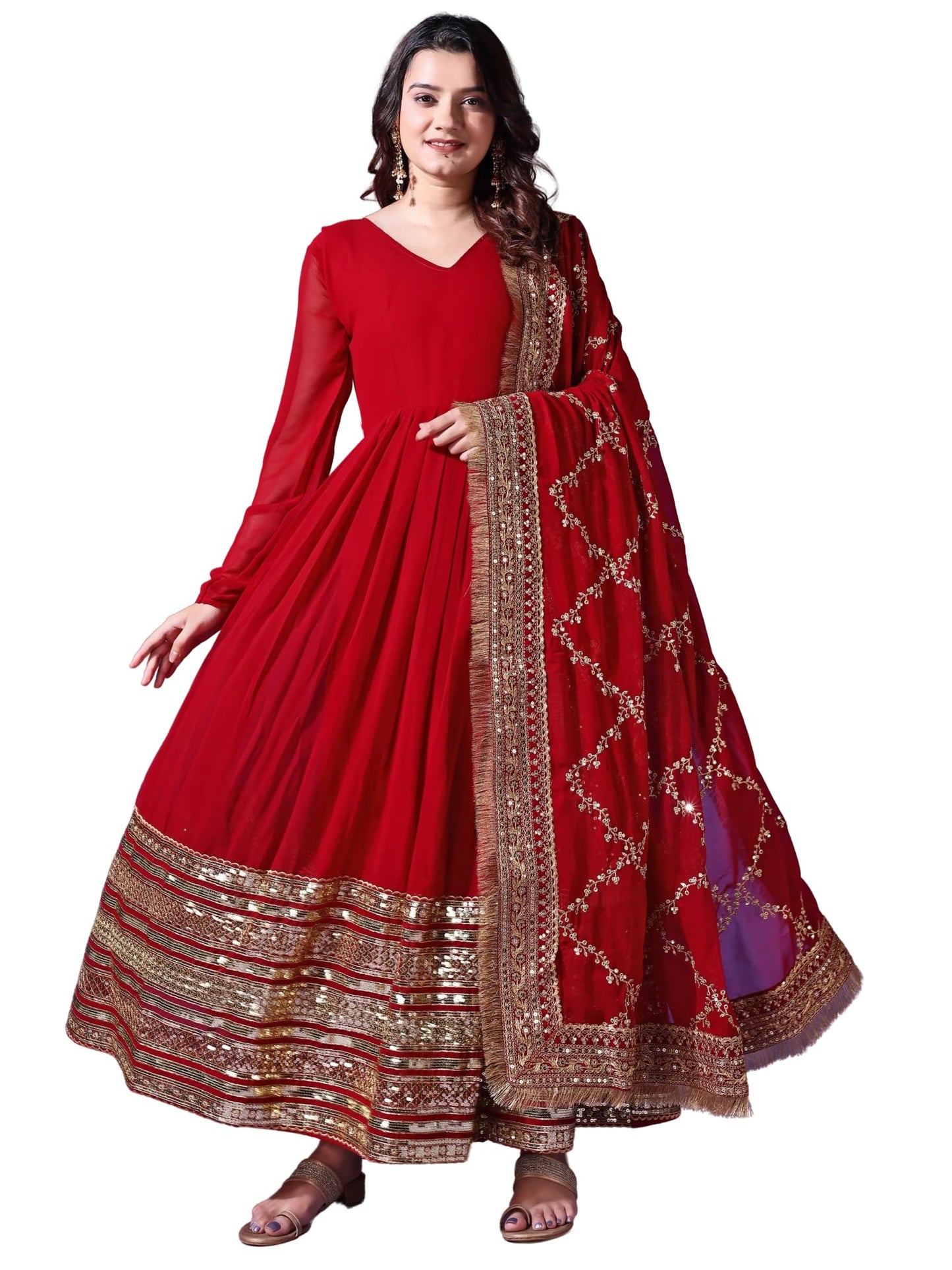Fashion Basket WomenS Red Georgette Solid Anarkali Dress