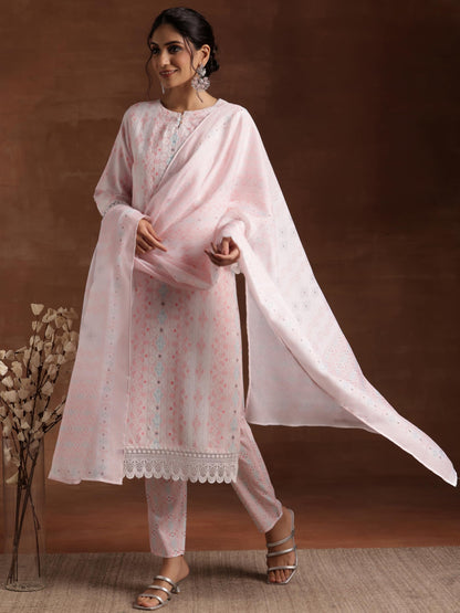 Libas Womens Embroidered Cotton Blend Straight Kurta With Palazzos And Dupatta