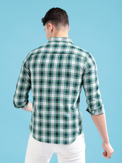 The Indian Garage Co Green Regular Fit Spread Collar Checkered Long Sleeves Shirt