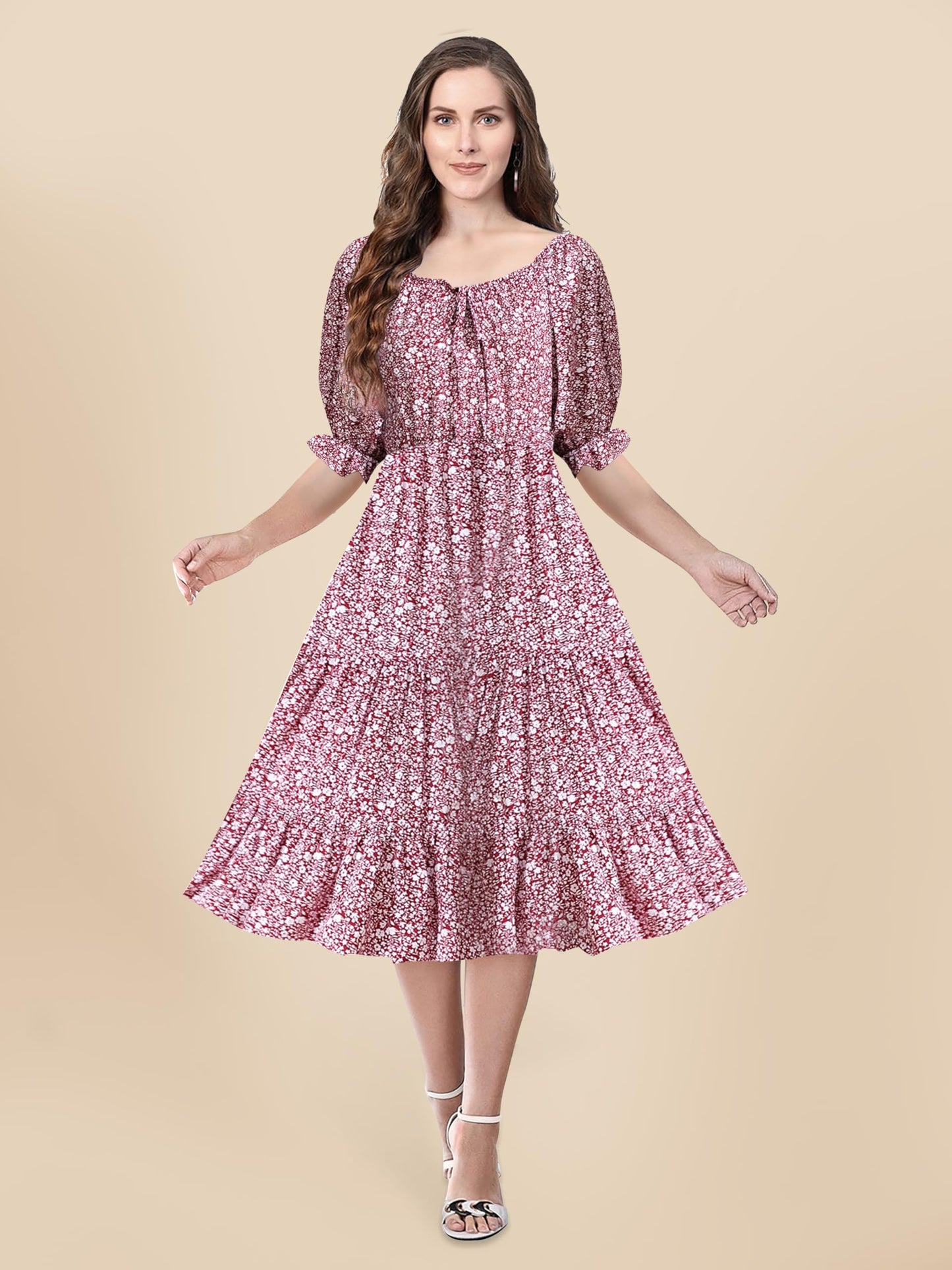 Toochki WomenS Maroon Muslin Floral Fit & Flared Western Dress | Dress For Women | A Line Dress | Winter Dress | Western Dress