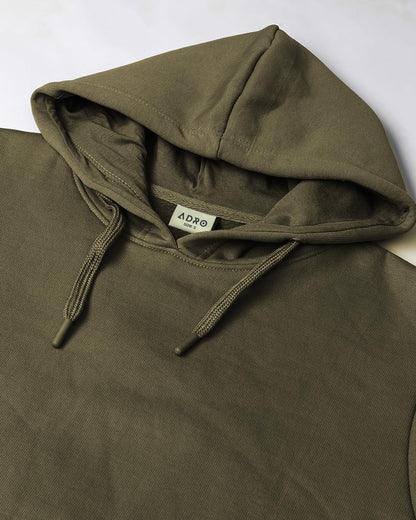 ADRO Men's Cotton Neck Hooded Sweatshirt (H24-M-PLN-OL_Olive