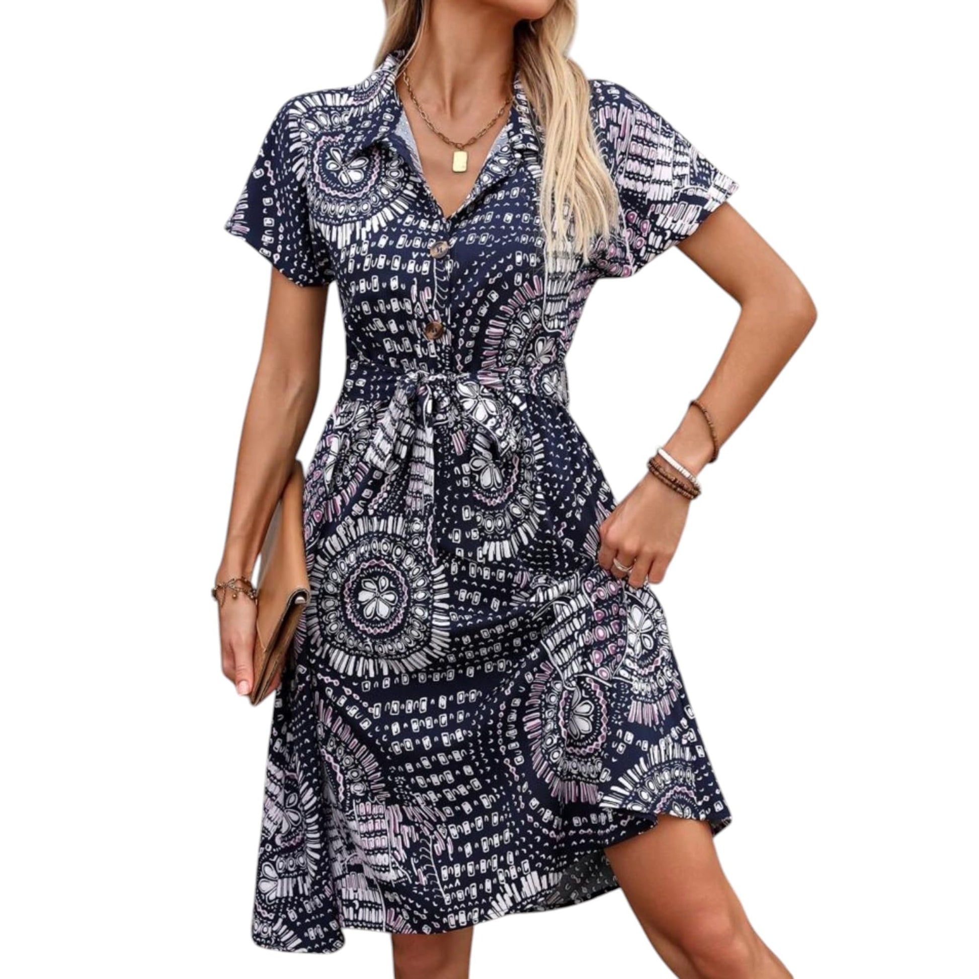 Gufrina WomenS Rayon Midi Dress With Half Sleeves Geometric Printed Spread Collar Neck Knee Length Regular Fit And Flare Blue