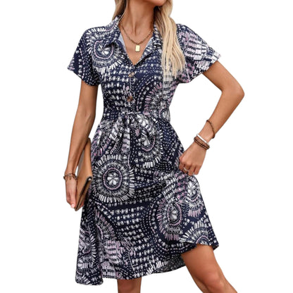 Gufrina WomenS Rayon Midi Dress With Half Sleeves Geometric Printed Spread Collar Neck Knee Length Regular Fit And Flare Blue