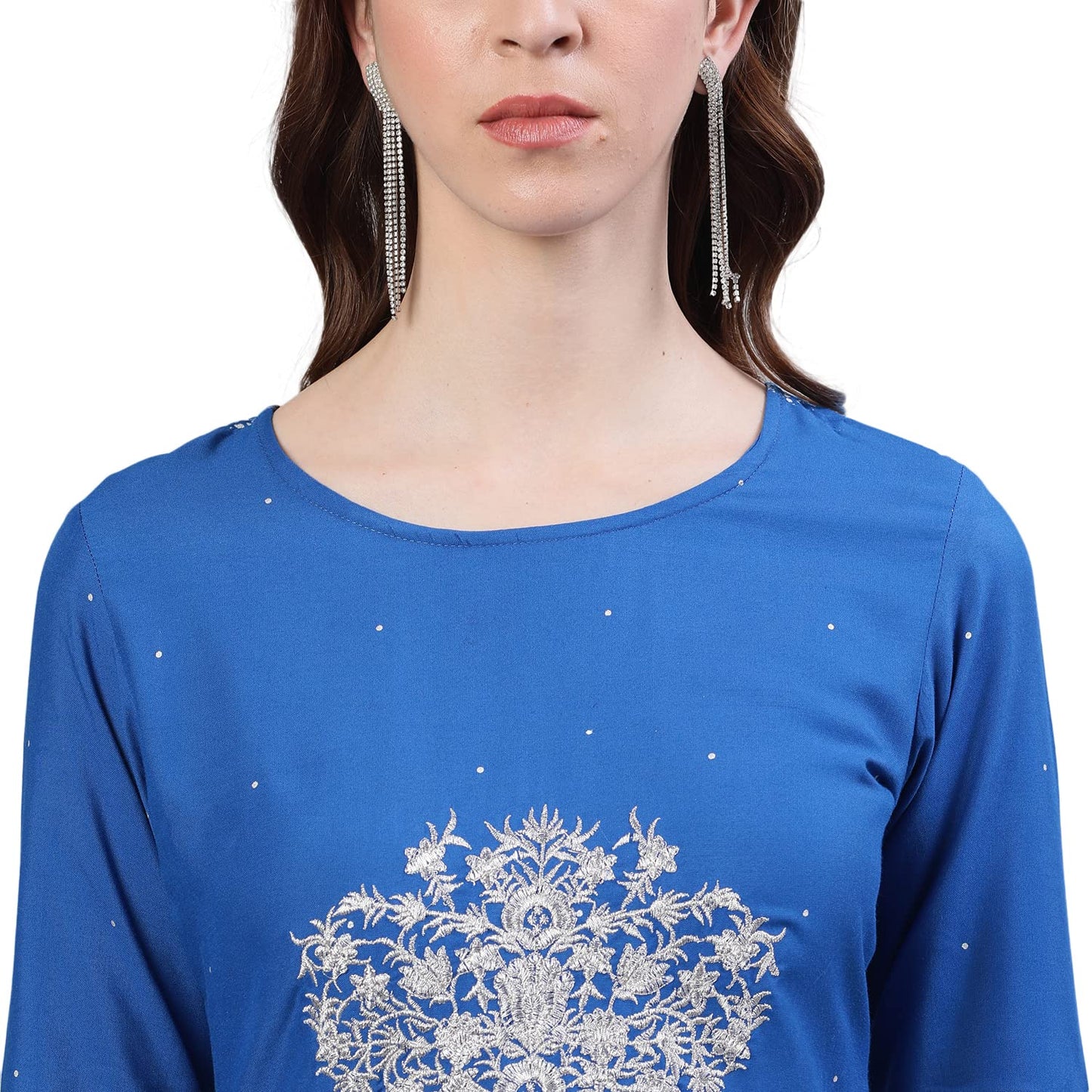 ishin Women's Viscose Rayon Blue Embroidered Anarkali Kurta suit set with Palazzos