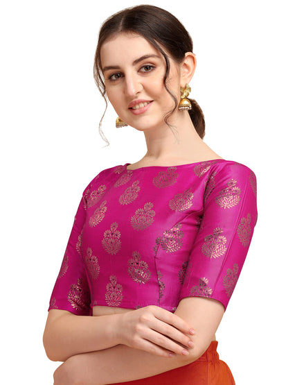 Oomph! WomenS Indian Ethnic Wear Designer Floral Pattern Zari Work Boat Neck Half Sleeve Readymade Non - Padded Blouse For Sare