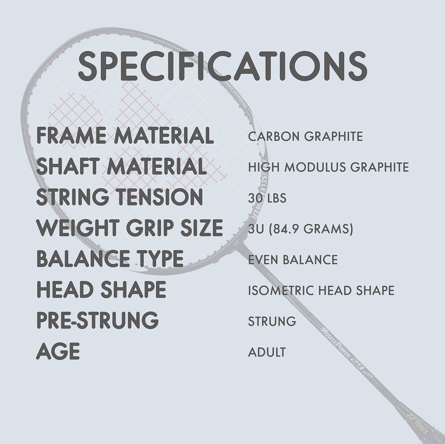 YONEX Muscle Power 29 Badminton Racket - Carbon Graphite, 85g, Max Tension 30lbs, Black/White, Model MP29LTC, for Intermediate Players