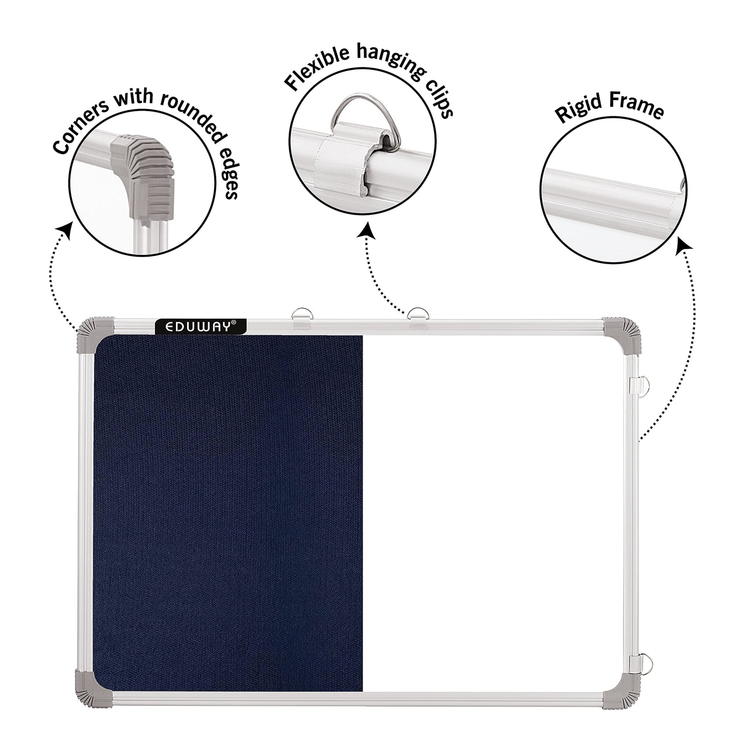 Eduway 1.5X2 Ft. Combination Board Non Magnetic Whiteboard With Blue Pin-Up Notice Board With 30 Push Pins For Home, Office & Sc