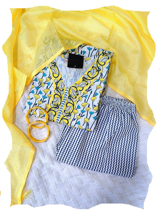 Pinkmint WomenS Hevy Cotton Blend Yellow Kurta Set L Stitched Printed Dupatta Set L Stylish Women Festival Dress (Pack Of 1)