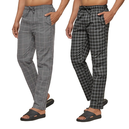 XYXX Mens Super Combed Cotton Checkered Checkmate Pyjamas [Pack of 2] Elasticated Waist, Drawstring | Loungewear for Men in Bla