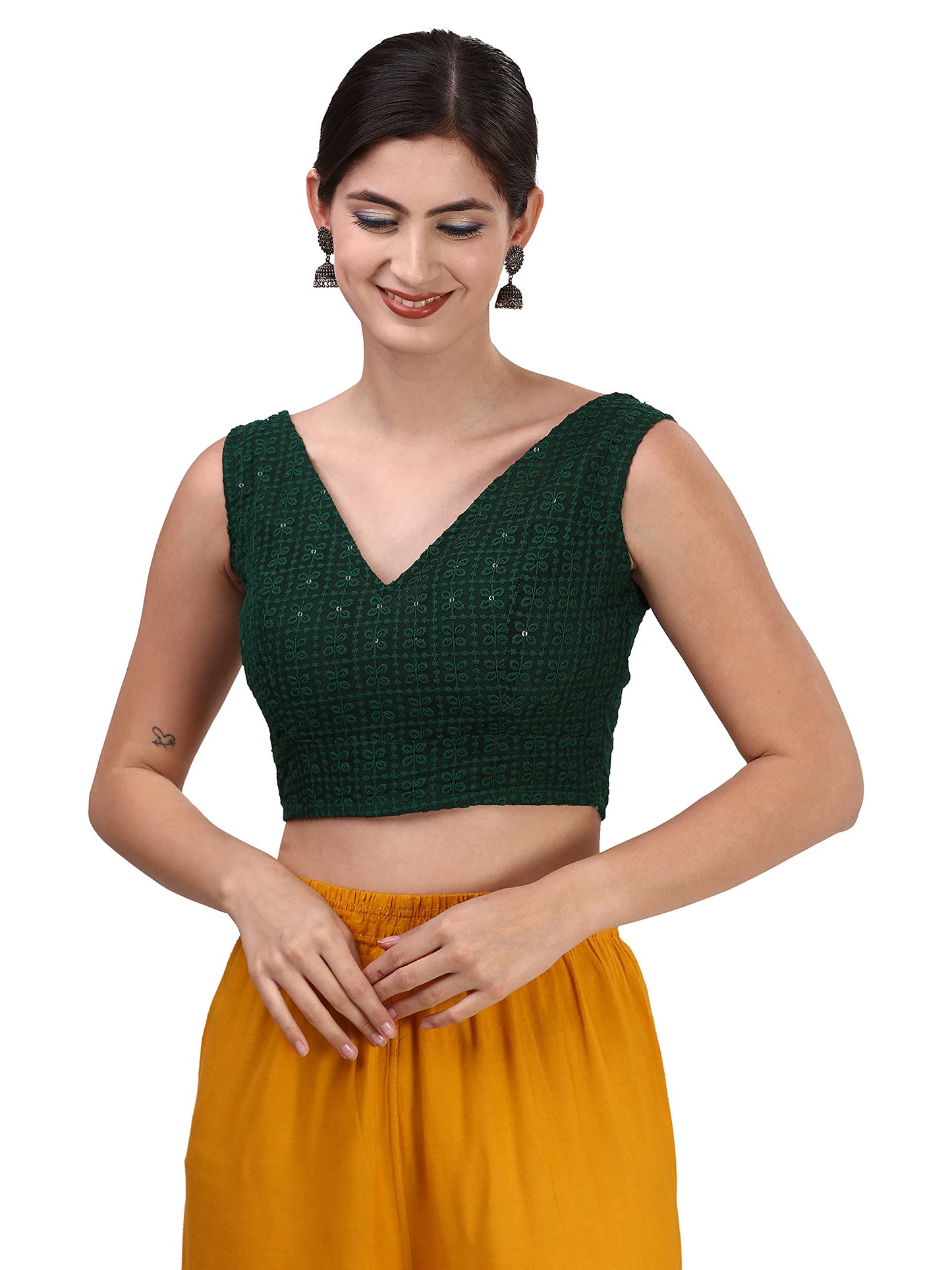 OOMPH! Womens Indian Ethnic Wear Designer Square Leaf Pattern V Neck Sleeveless Cotton Dark Green Blouse for Saree or Lehnga an