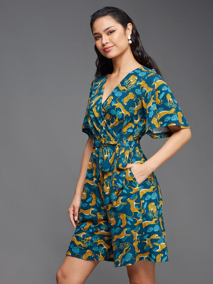 Miss Chase WomenS V-Neck Half Sleeve Animal Patterned Wrap Styled Pure Cotton Knee Long Playsuit With Pockets (Mcss24D19-12-306