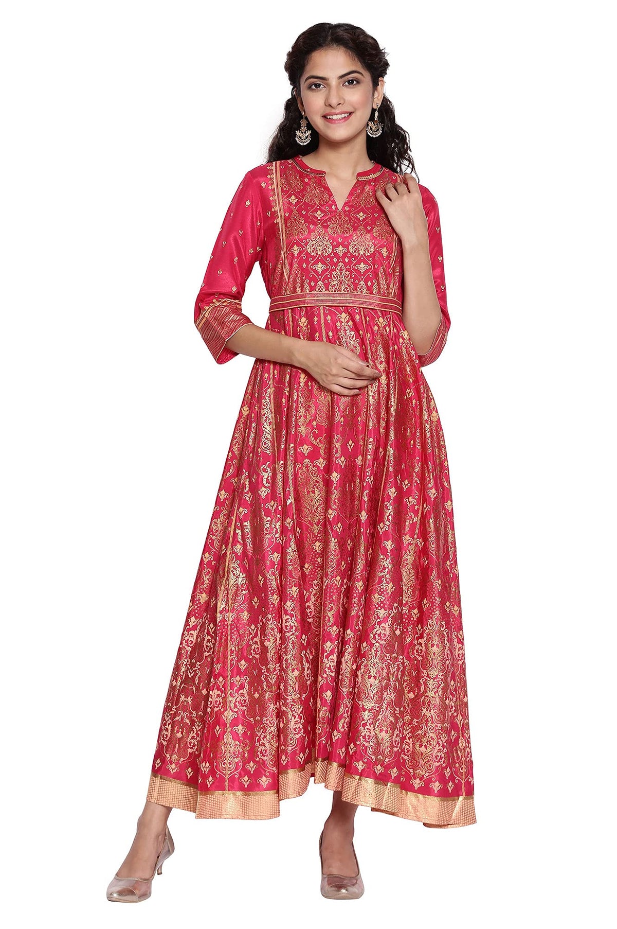 Aurelia WomenS Polyester Pink Mandarin Collar Flared Dress Ankle Length (21Aua12395-503339_Rani Xs)