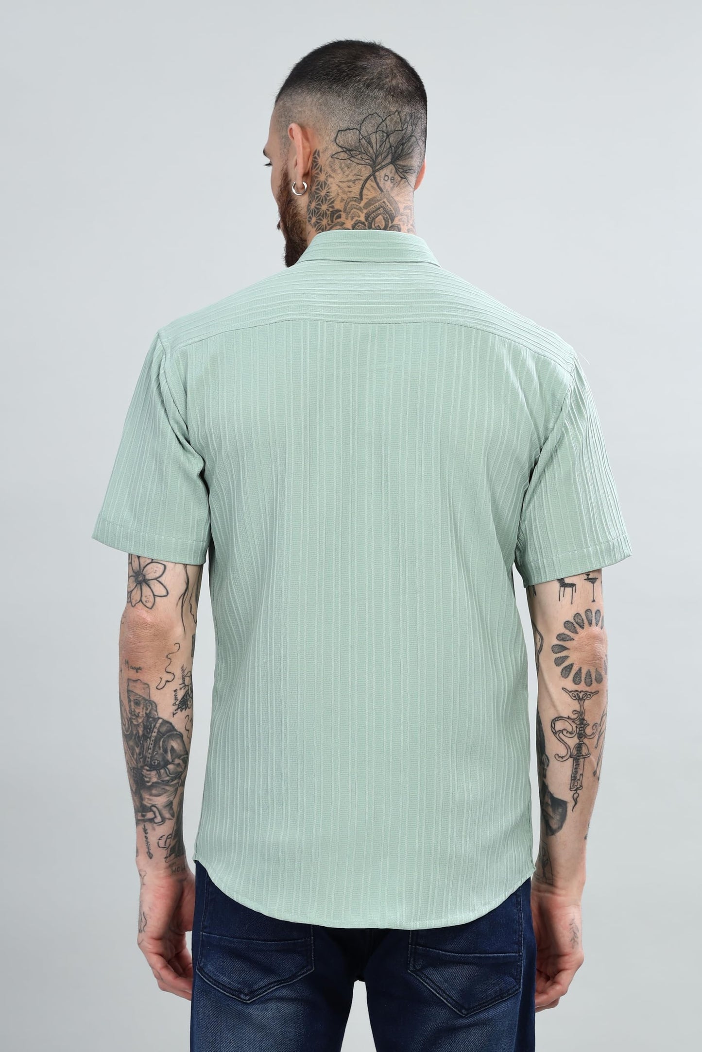 Mildin MenS Cotton Blend Shirt With Self Design Textured Stripes Spread Collar Neck Half Sleeve Western Hip Length | Pista