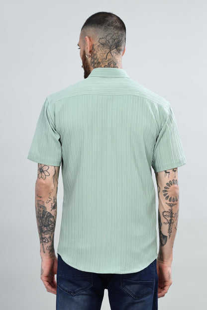 Mildin MenS Cotton Blend Shirt With Self Design Textured Stripes Spread Collar Neck Half Sleeve Western Hip Length | Pista