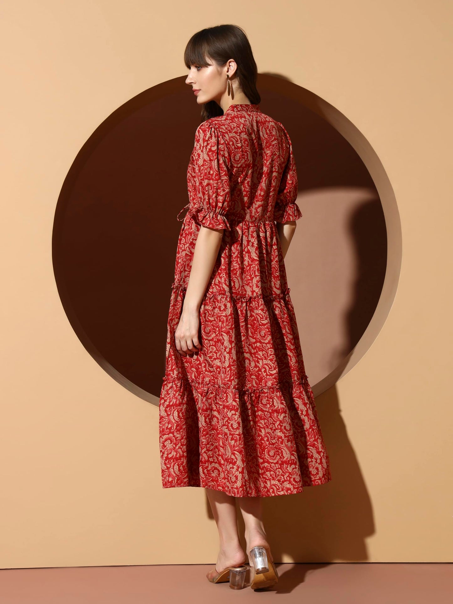 Kzully | Dress For Women | Midi Dress | Floral Printed | Polyester Fabric | Bell Sleeve Ethnic A-Line | Tiered Fit & Flare | Cas