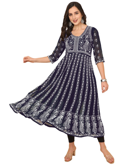 EthnicJunction Women s Georgette Chikankari Embroidery Anarkali Kurta (B19-Apsara-Navy_L_Navy Blue)
