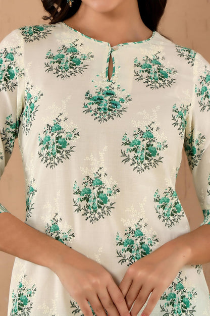 W Green Floral Printed Cotton Regular Kurta For Women