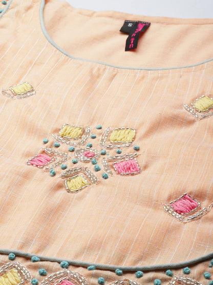 ishin Women's Peach Embellished A-Line Kurta set With Trouser and Dupatta