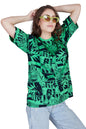Thalasi Comic All Over Printed Green Anime Oversized T Shirts For Women - Drop Shoulder Loose Fit Cotton T-Shirt - Trending Naru