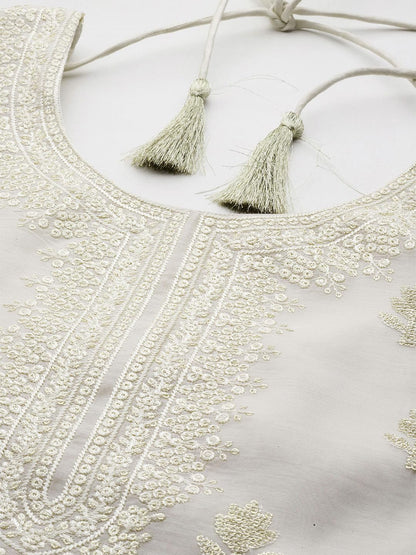ishin Silk Blend Embroidered Off White Straight Kurta Suit Set with Palazzos & Dupatta