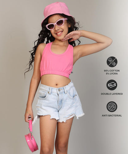 Kyda Kids Girls Antibacterial Cotton Sports Bra Training Bras, Non Padded, Chest Double Layered Wireless Light Padded Bra