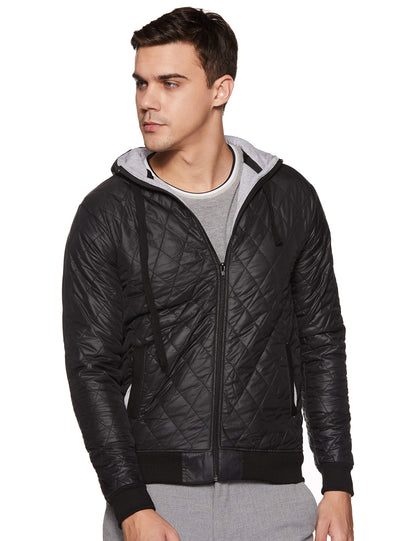 Campus Sutra Mens Black Solid Vegan Leather Regular Fit Cotton Jacket for Winter Wear | Standing Collar | Full Sleeve | Zipper