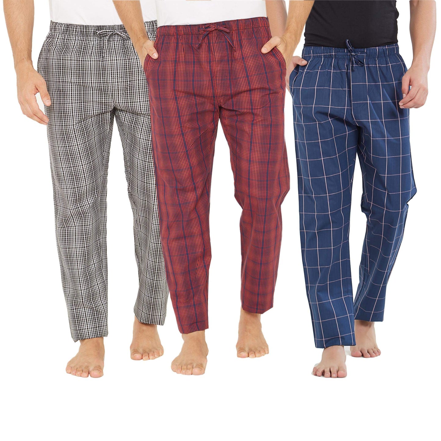 XYXX Mens Super Combed Cotton Checkered Checkmate Pyjamas [Pack of 3] Elasticated Waist, Drawstring | Loungewear for Men in Red