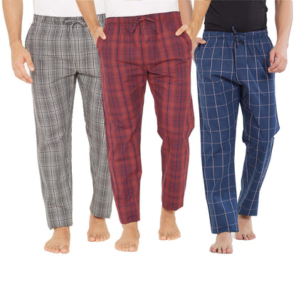XYXX Mens Super Combed Cotton Checkered Checkmate Pyjamas [Pack of 3] Elasticated Waist, Drawstring | Loungewear for Men in Red